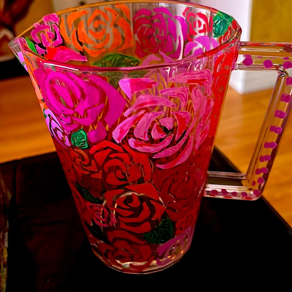 Hand painted glass pitcher in custom made box